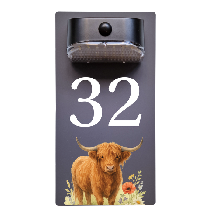 Highland Cow Motion Sensor Solar House Number Sign