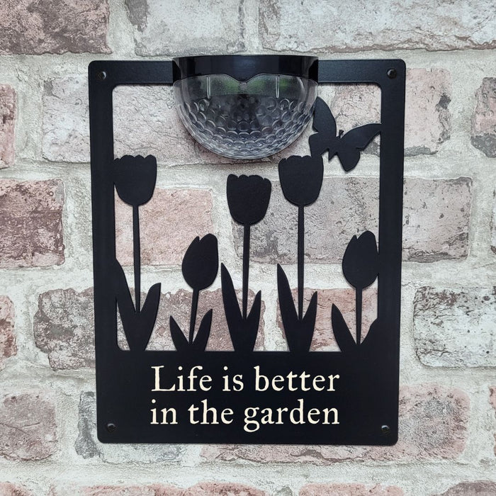 'Life is better in the garden' Tulips Solar Light Wall Plaque