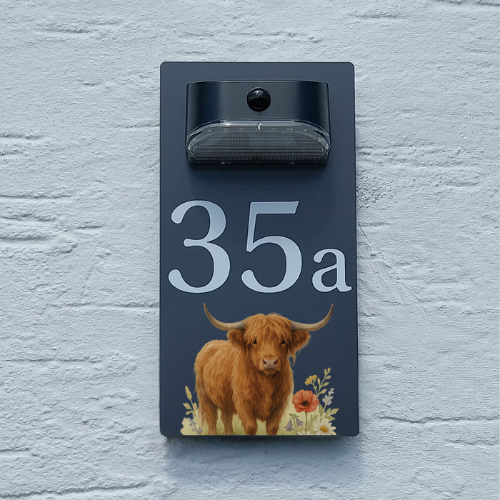 Highland Cow Motion Sensor Solar House Number Sign