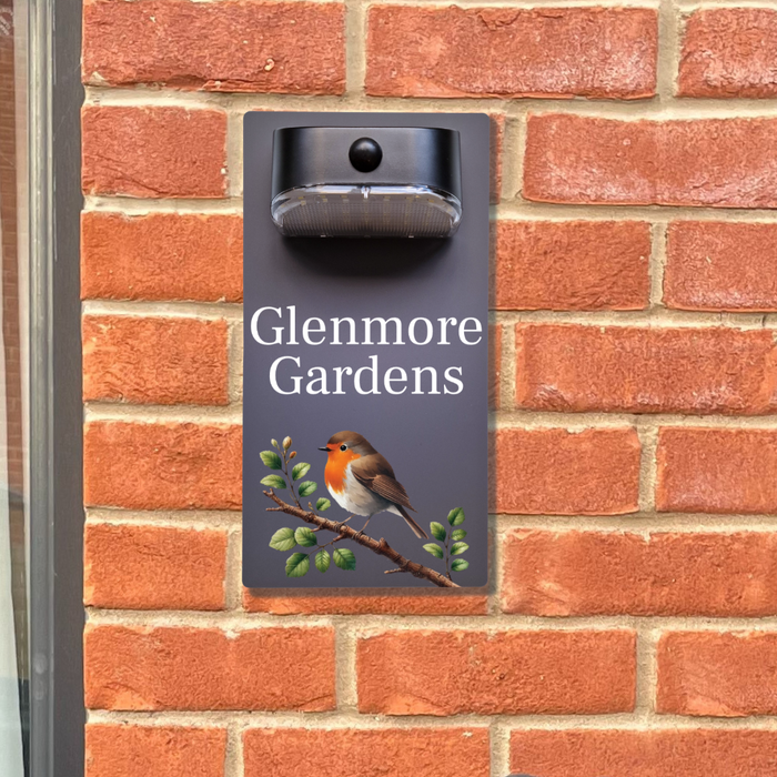 Robin on Branch Motion Sensor Solar House Name Sign