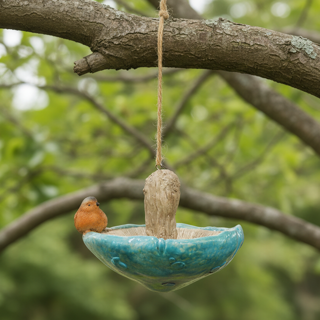 Blue Resin Mushroom Bird Feeder with Robin