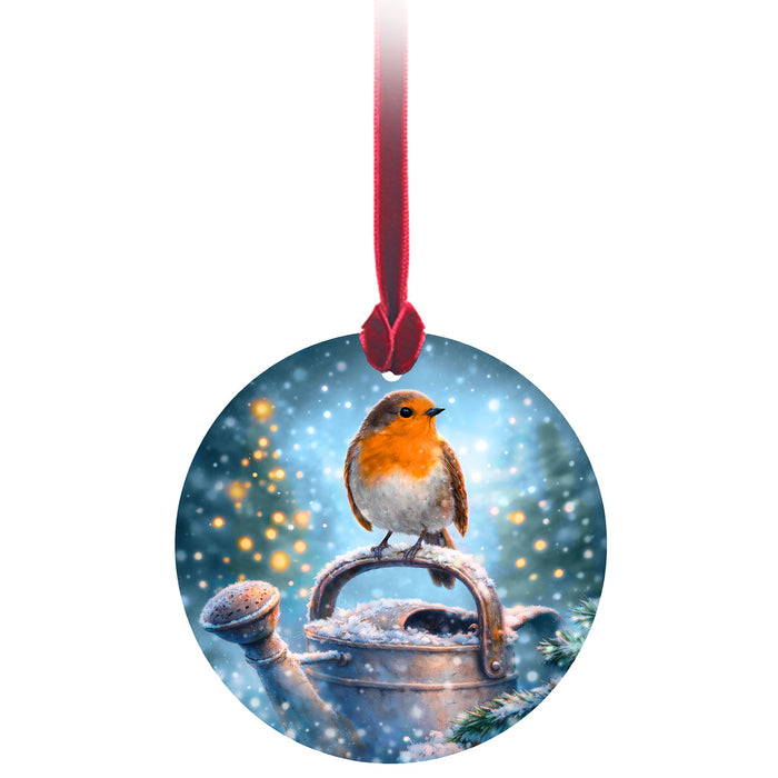 Christmas Tree Glass Hanger - Robin on Watering Can