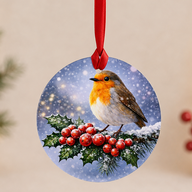 Christmas Tree Glass Hanger - Robin on Holly