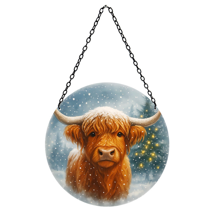 Glass Hanging Highland Cow Christmas Suncatcher