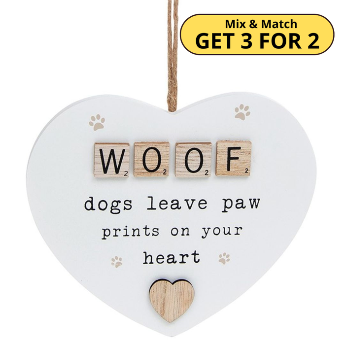 'Woof' Scrabble Hanging Heart Sentiment Sign