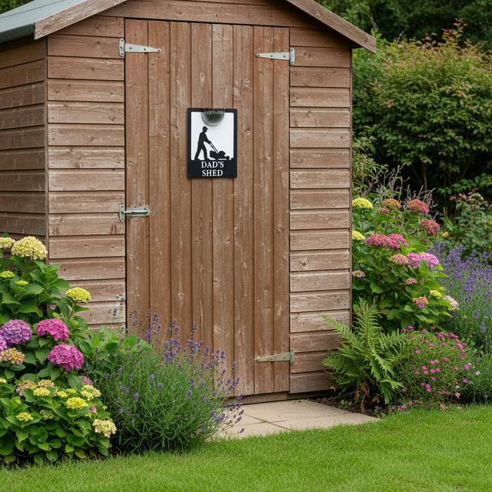 'Dad's Shed' Lawn Mower Solar Powered Light Plaque