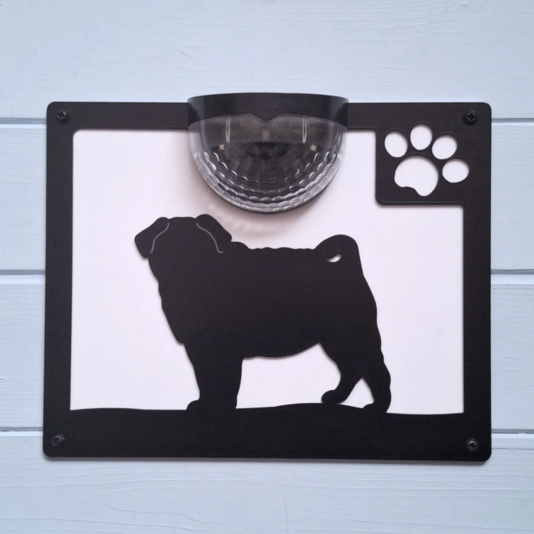 Pug Dog Solar-Powered LED Light Wall Shed Plaque — Flory's Online