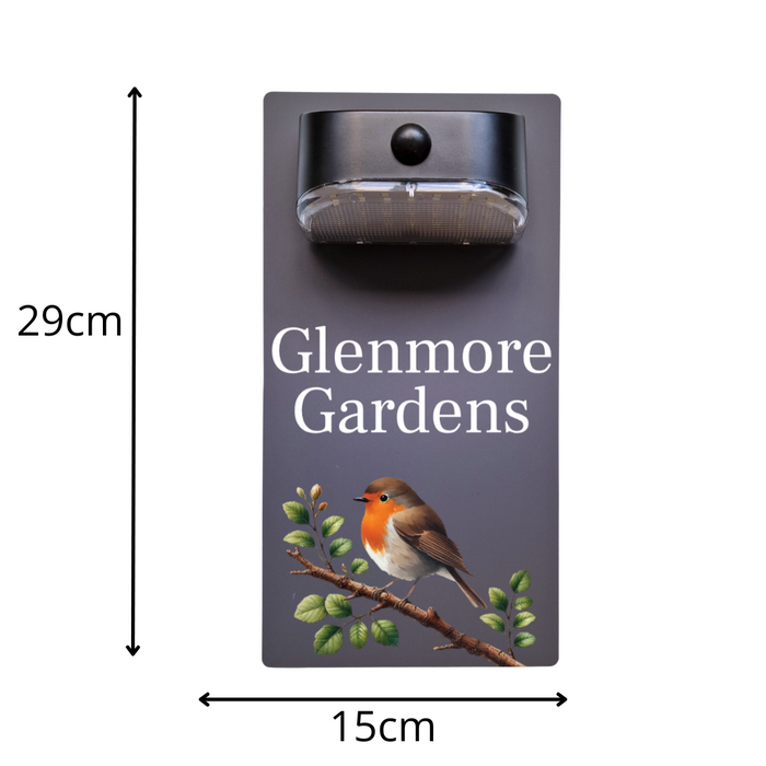 Robin on Branch Motion Sensor Solar House Name Sign