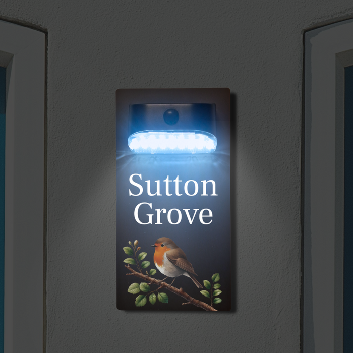 Robin on Branch Motion Sensor Solar House Name Sign