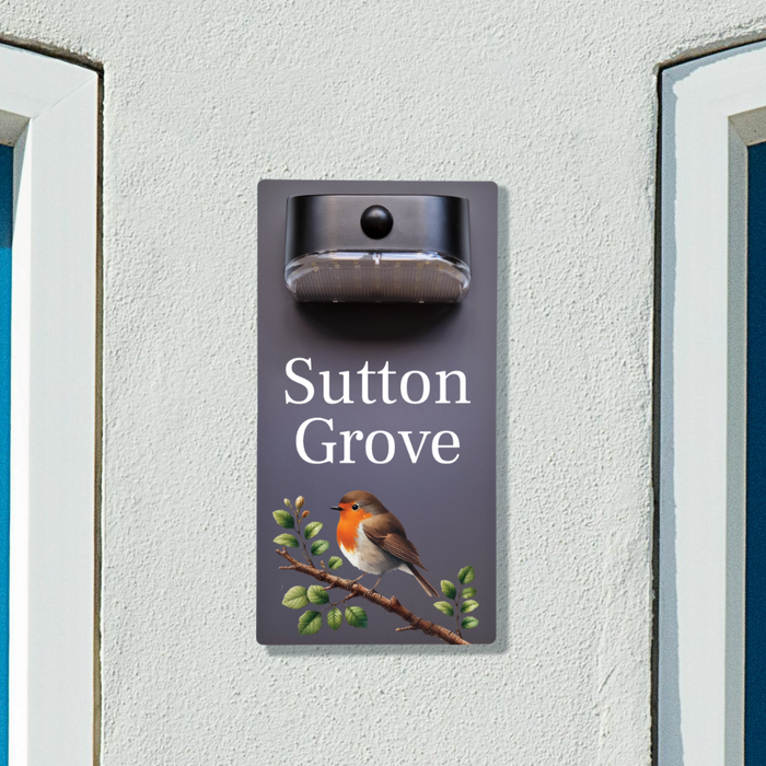 Robin on Branch Motion Sensor Solar House Name Sign