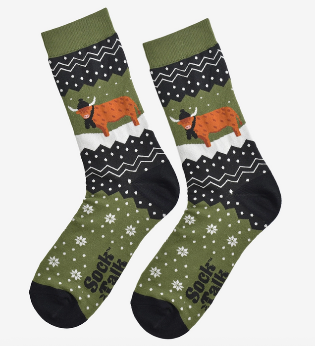 Men's Bamboo Socks - Green/Black, Winter Highland Cow