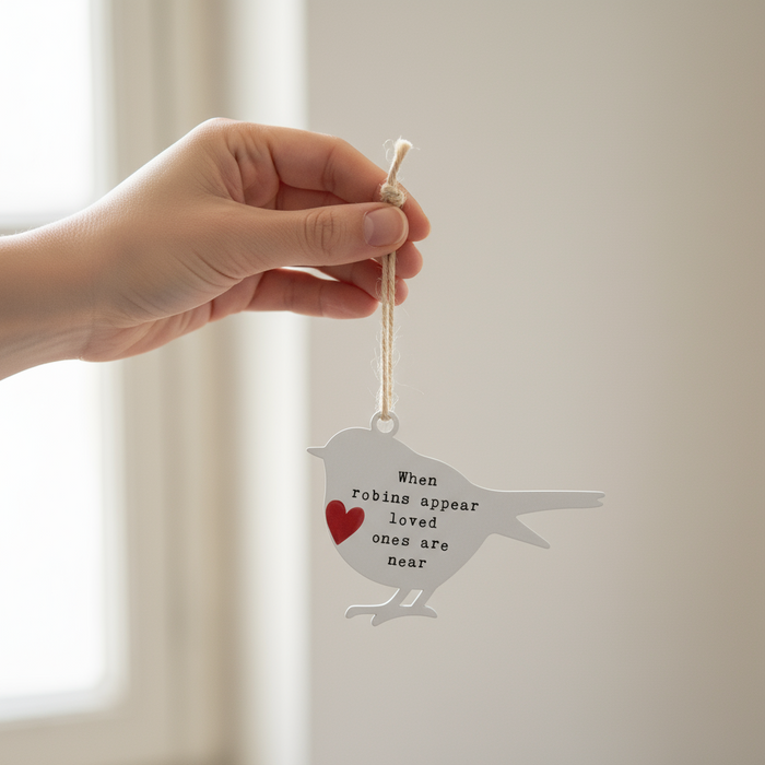 'When Robins Appear Loved Ones Are Near' - White Robin Hanging Decor