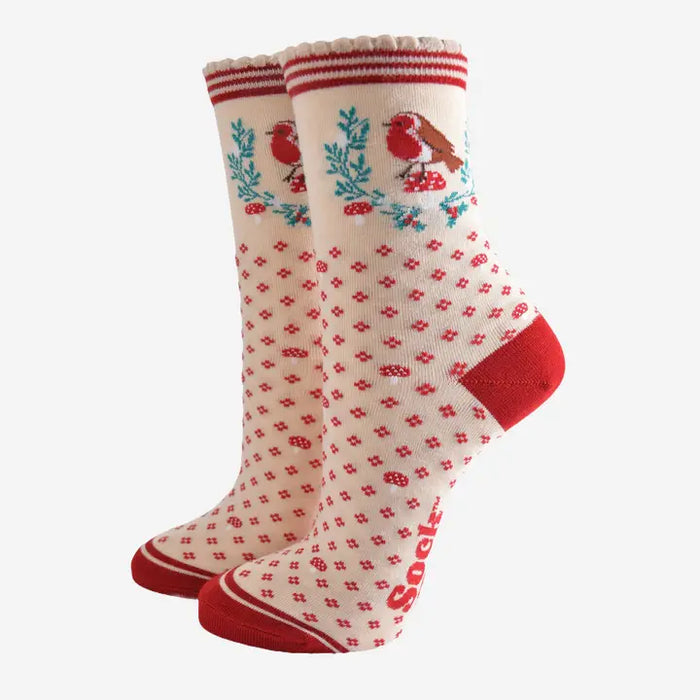 Women's Christmas Robin Wreath Bamboo Socks