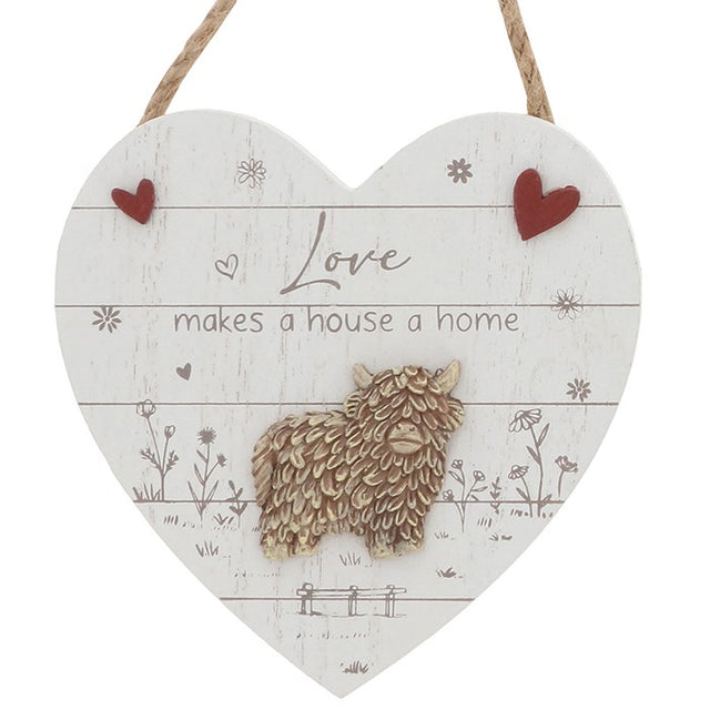 Love Makes a House a Home Highland Cow Hanging Heart