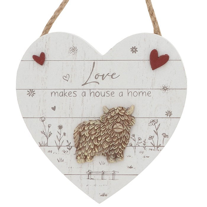 Love Makes a House a Home Highland Cow Hanging Heart