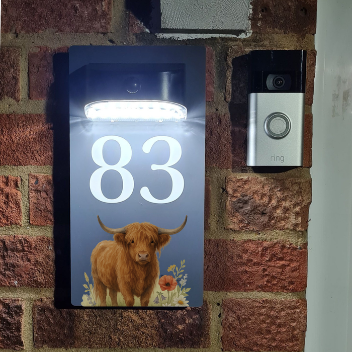 Highland Cow Motion Sensor Solar House Number Sign