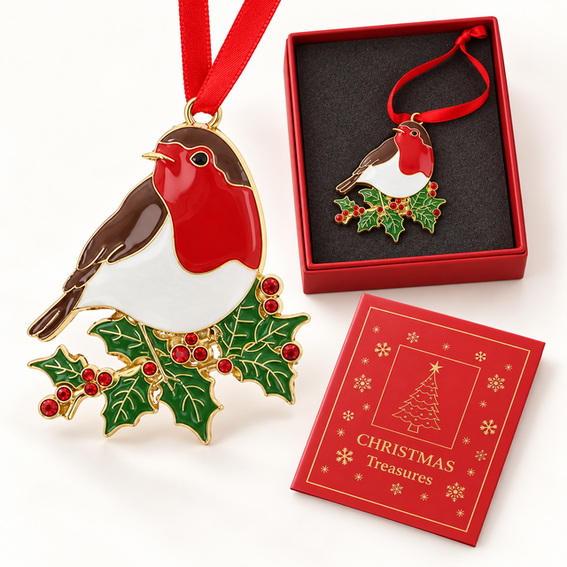 Gift boxed Xmas Treasures Robin On Holly