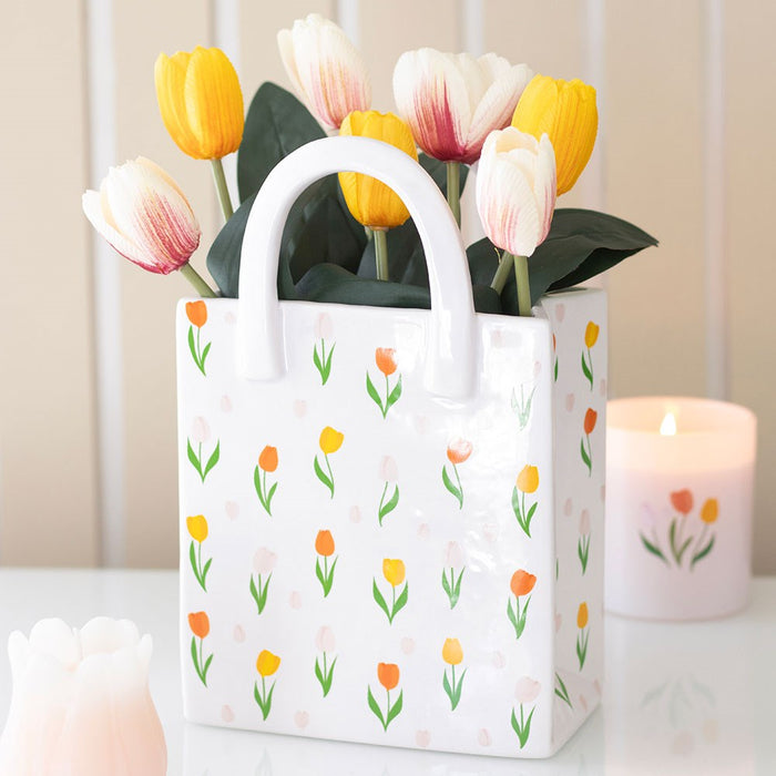 Large Tulip Print Ceramic Bag Shaped Flower Vase