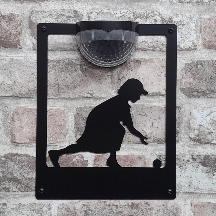 Woman Lawn Bowler Wall Plaque with Solar Powered Light